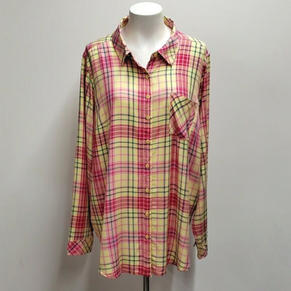 Torrid Pink and Yellow Plaid Button Down Shirt - Picture 1 of 13